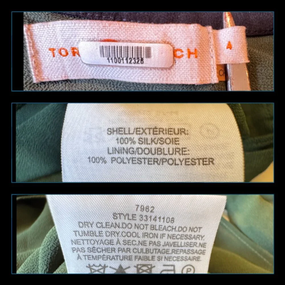 VTG Tory Burch Blouse Size 4 Sheer Green Silk Black Trim Gold Stud Detail